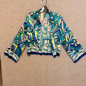 Bell Sleeve Abstract Print Button up Too in Blue & Green
